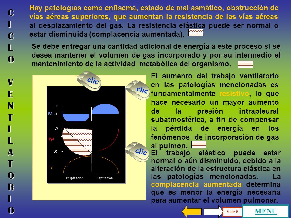 Hay patologías como enfisema, estado de mal asmático, obstrucción de vías aéreas superiores, que aumentan la resistencia de las vías aéreas al desplazamiento del gas. La resistencia elástica puede ser normal o estar disminuida (complacencia aumentada).