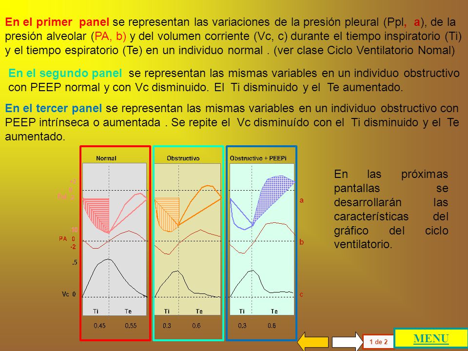 En el primer panel se representan las variaciones de la presión pleural (Ppl, a), de la presión alveolar (PA, b) y del volumen corriente (Vc, c) durante el tiempo inspiratorio (Ti) y el tiempo espiratorio (Te) en un individuo normal . (ver clase Ciclo Ventilatorio Nomal)