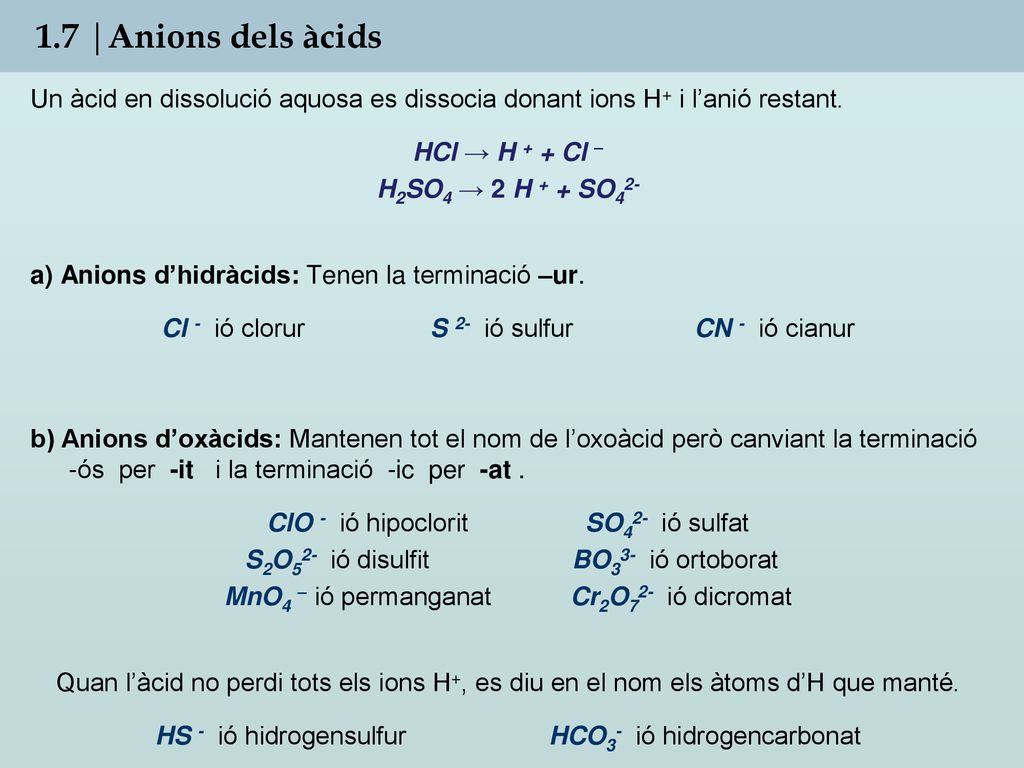 1.7 |Anions dels àcids Un àcid en dissolució aquosa es dissocia donant ions H+ i l’anió restant. HCl → H + + Cl –
