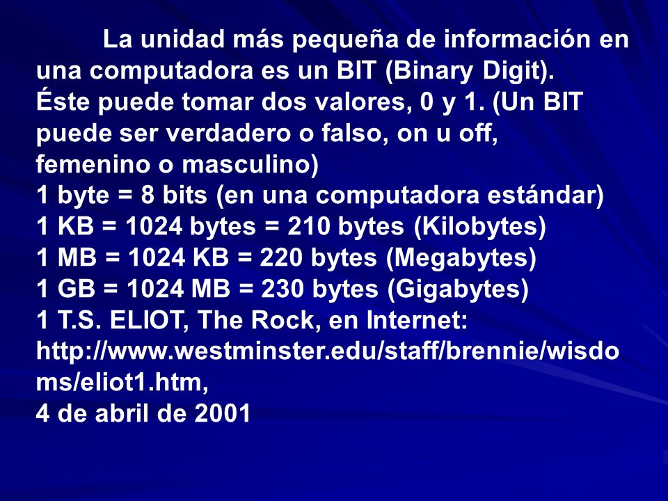 La unidad más pequeña de información en una computadora es un BIT (Binary Digit).