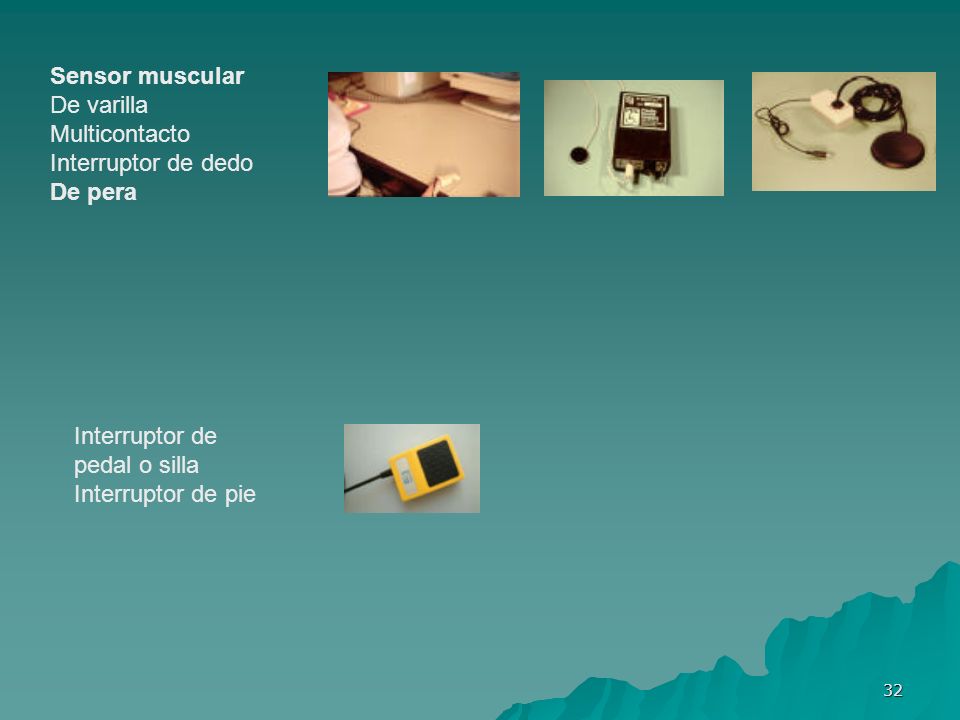 Sensor muscular De varilla. Multicontacto. Interruptor de dedo. De pera. Interruptor de. pedal o silla.