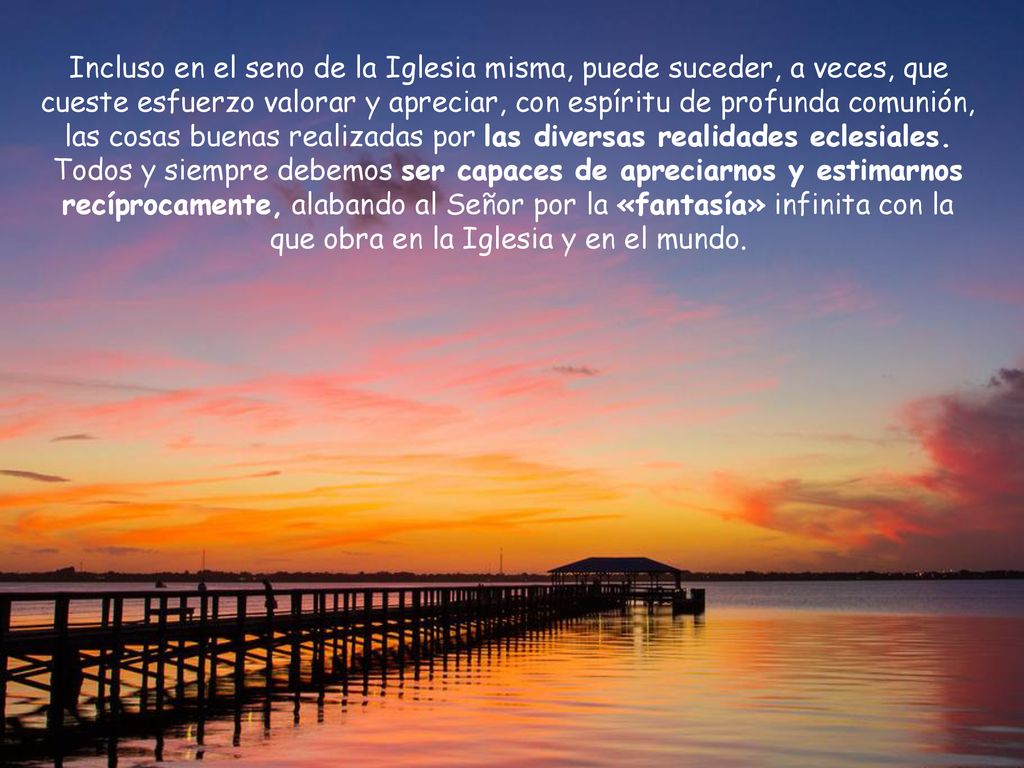 Incluso en el seno de la Iglesia misma, puede suceder, a veces, que cueste esfuerzo valorar y apreciar, con espíritu de profunda comunión, las cosas buenas realizadas por las diversas realidades eclesiales.