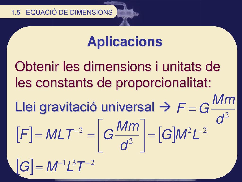 Obtenir les dimensions i unitats de les constants de proporcionalitat:
