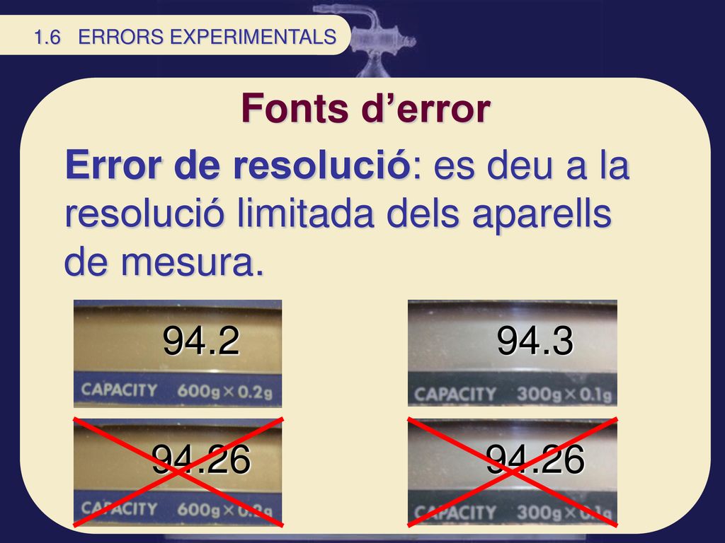 1.6 ERRORS EXPERIMENTALS Fonts d’error. Error de resolució: es deu a la resolució limitada dels aparells de mesura.