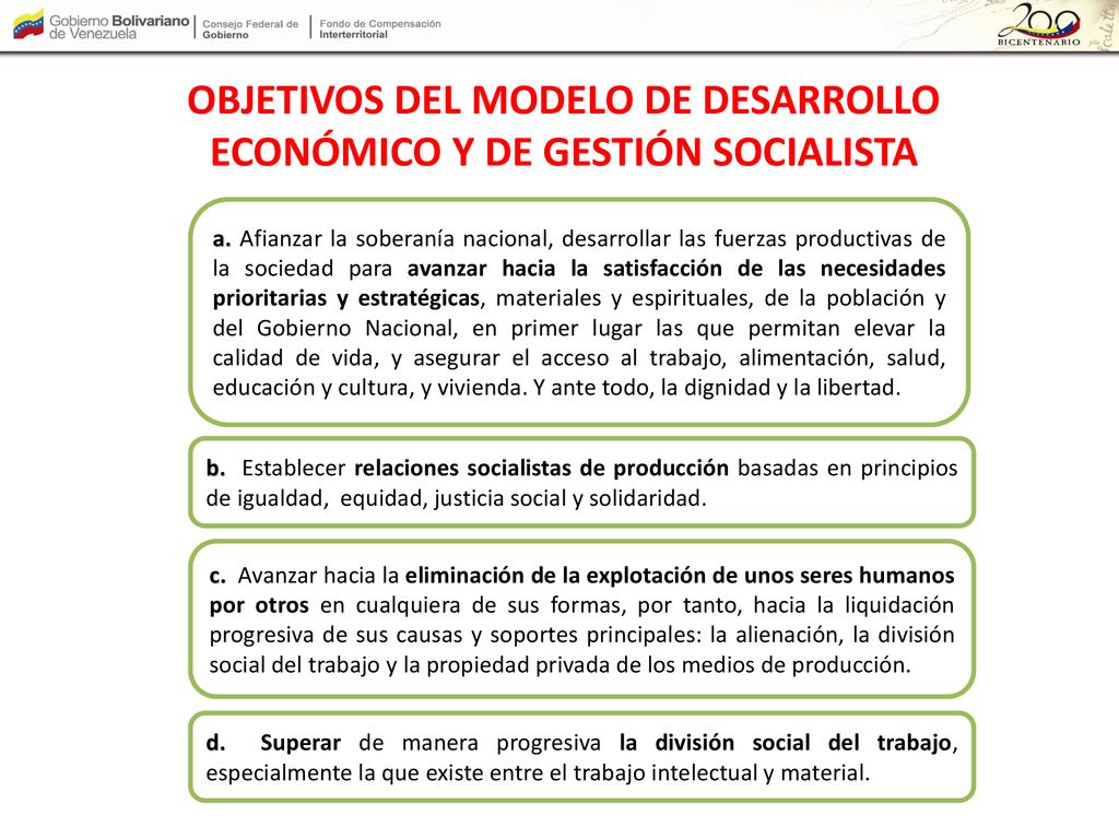 OBJETIVOS DEL MODELO DE DESARROLLO ECONÓMICO Y DE GESTIÓN SOCIALISTA