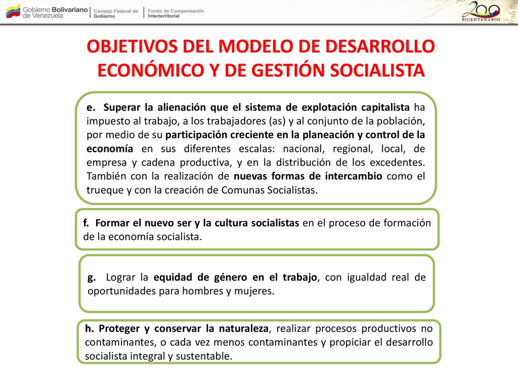 OBJETIVOS DEL MODELO DE DESARROLLO ECONÓMICO Y DE GESTIÓN SOCIALISTA