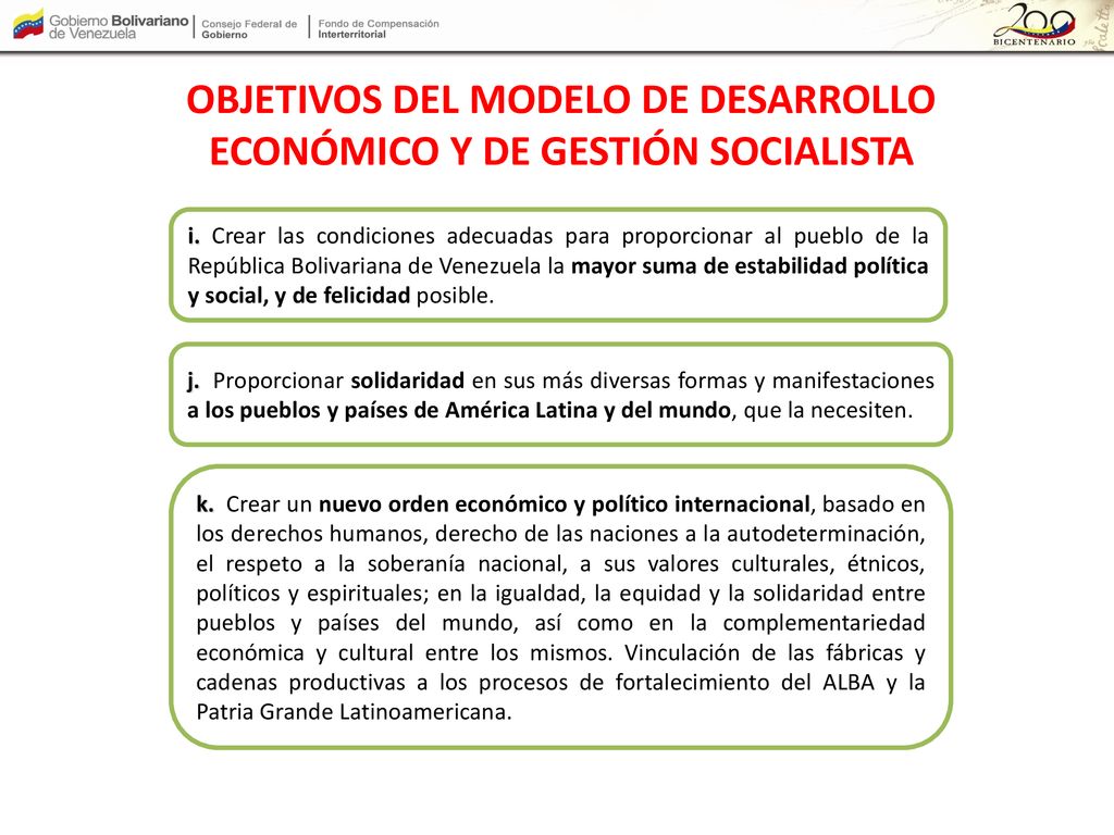 OBJETIVOS DEL MODELO DE DESARROLLO ECONÓMICO Y DE GESTIÓN SOCIALISTA
