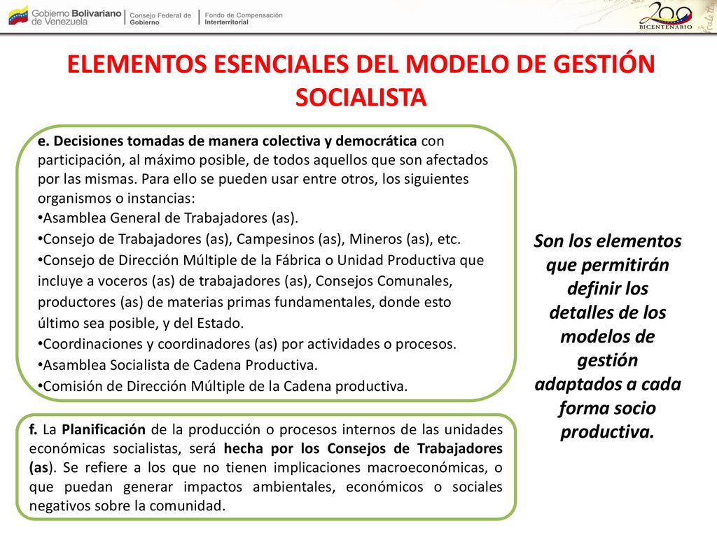 ELEMENTOS ESENCIALES DEL MODELO DE GESTIÓN SOCIALISTA