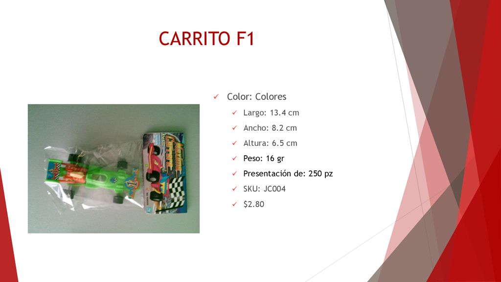 CARRITO F1 Color: Colores Largo: 13.4 cm Ancho: 8.2 cm Altura: 6.5 cm