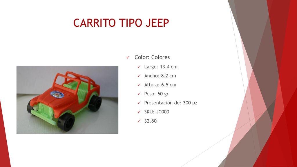 CARRITO TIPO JEEP Color: Colores Largo: 13.4 cm Ancho: 8.2 cm
