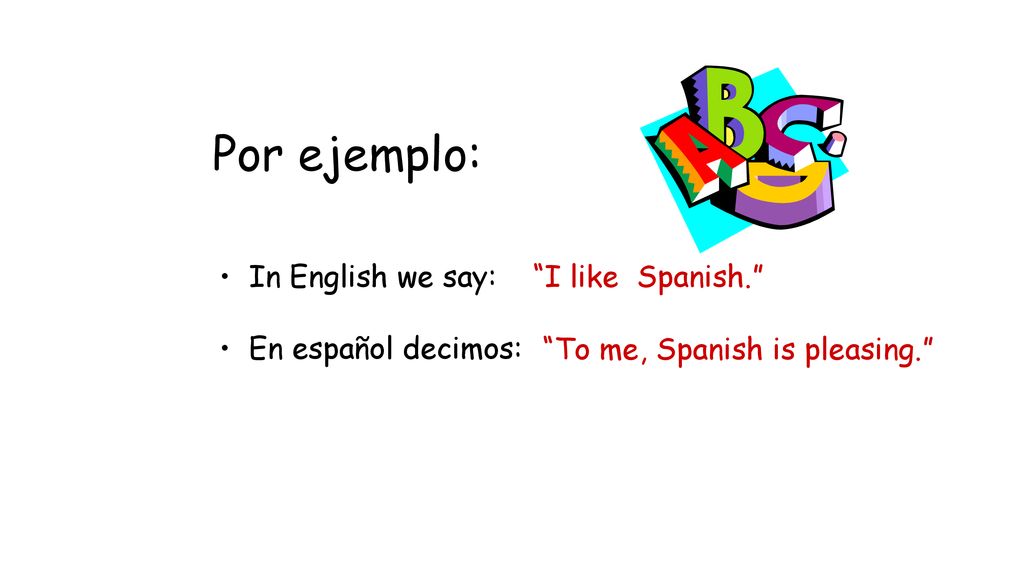 Por ejemplo: In English we say: I like Spanish. En español decimos: