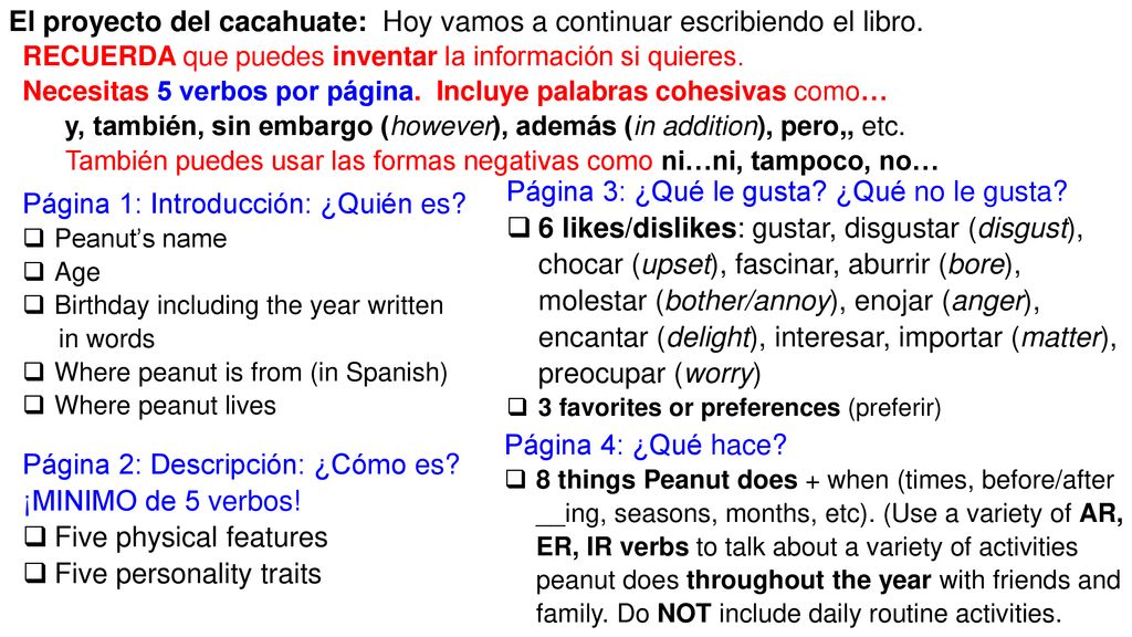 El proyecto del cacahuate: Hoy vamos a continuar escribiendo el libro.