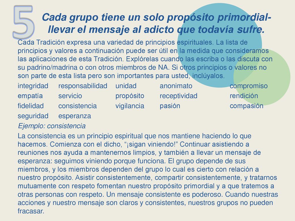 5 Cada grupo tiene un solo propósito primordial- llevar el mensaje al adicto que todavía sufre.