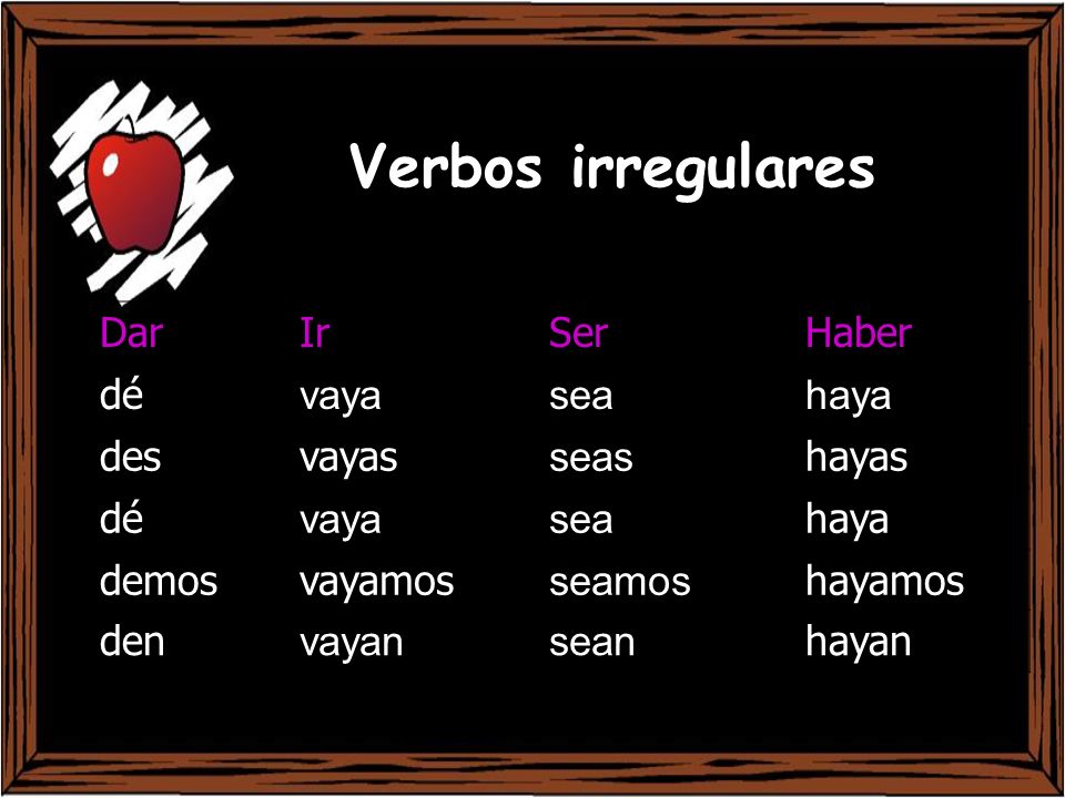 Verbos irregulares Dar Ir Ser Haber dé vaya sea haya des vayas seas