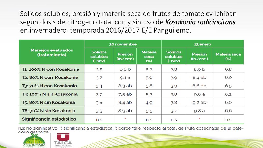 Solidos solubles, presión y materia seca de frutos de tomate cv Ichiban según dosis de nitrógeno total con y sin uso de Kosakonia radicincitans en invernadero temporada 2016/2017 E/E Panguilemo.