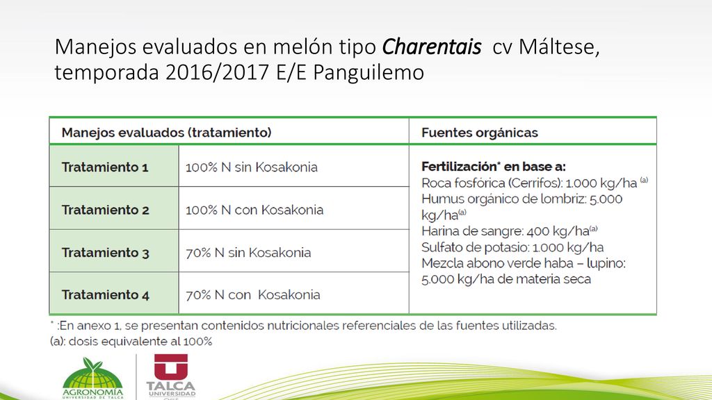 Manejos evaluados en melón tipo Charentais cv Máltese, temporada 2016/2017 E/E Panguilemo