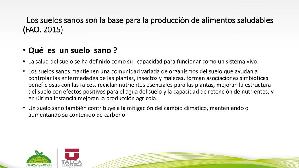Los suelos sanos son la base para la producción de alimentos saludables (FAO. 2015)