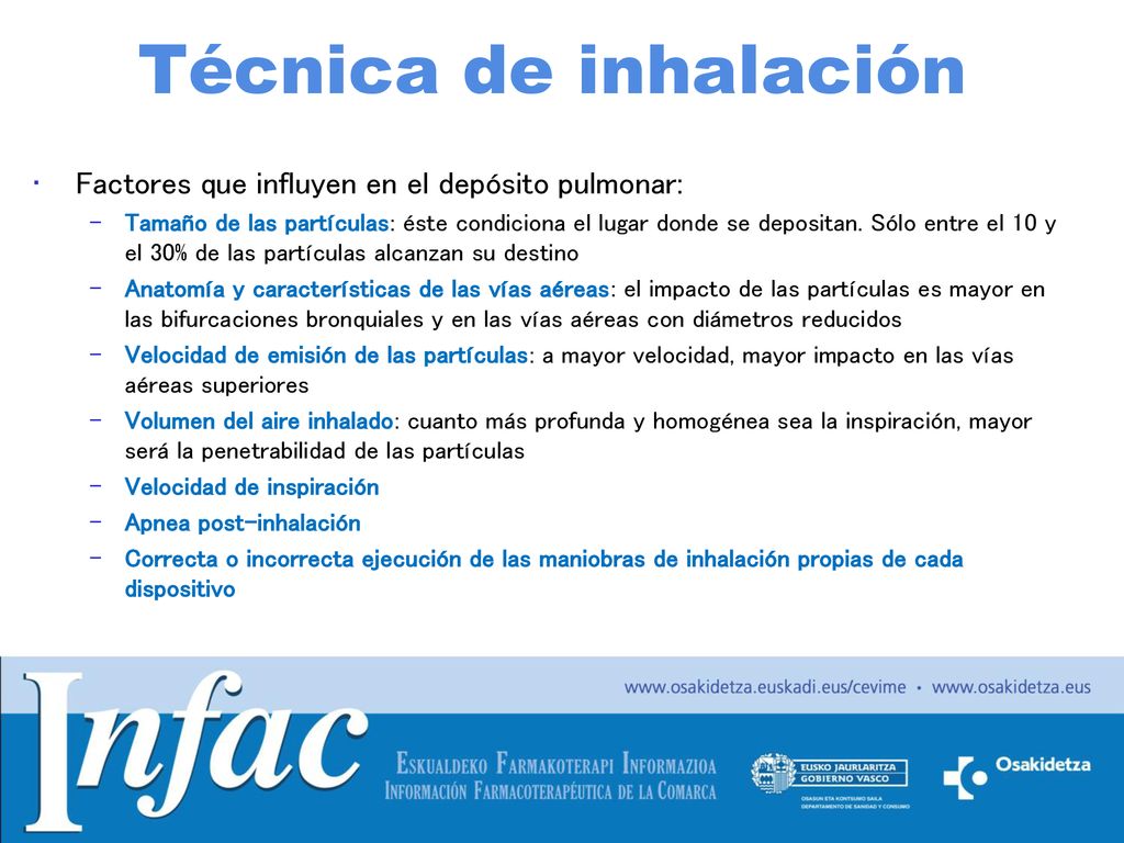 Técnica de inhalación Factores que influyen en el depósito pulmonar: