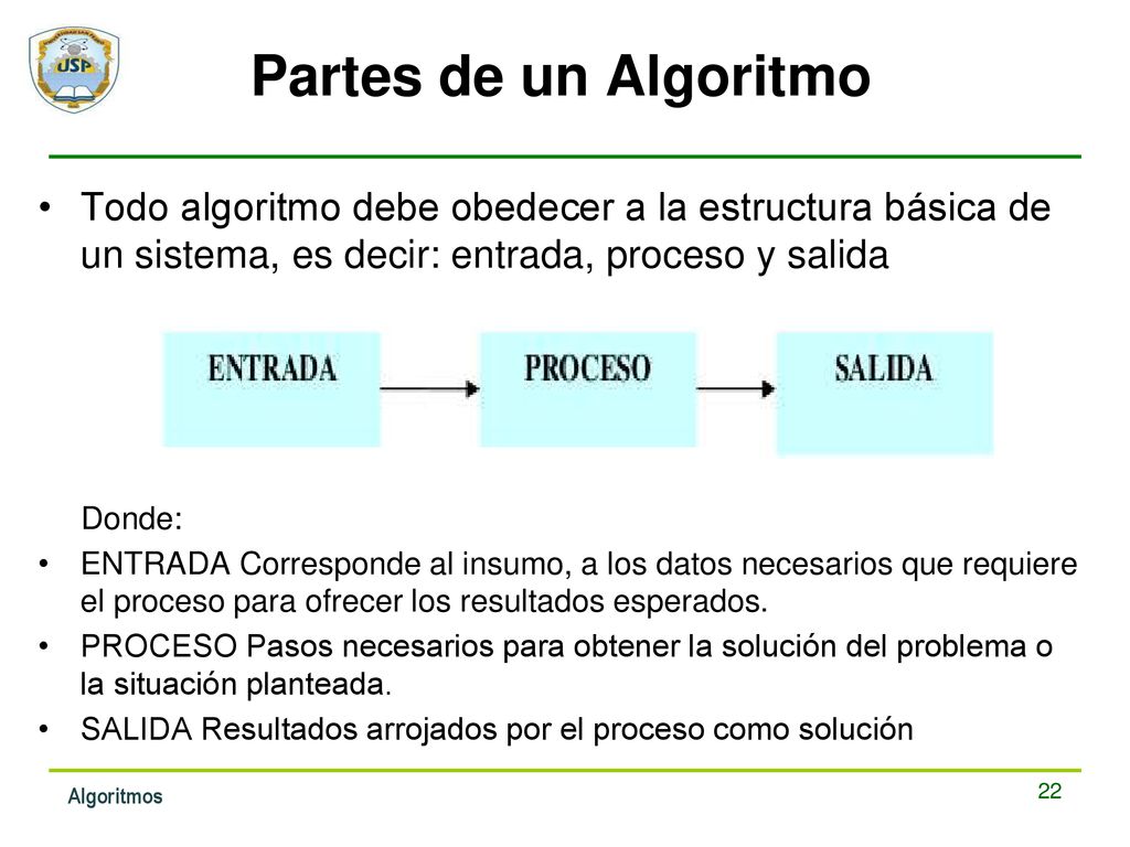 Partes de un Algoritmo Todo algoritmo debe obedecer a la estructura básica de un sistema, es decir: entrada, proceso y salida.