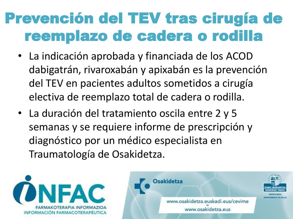 Prevención del TEV tras cirugía de reemplazo de cadera o rodilla