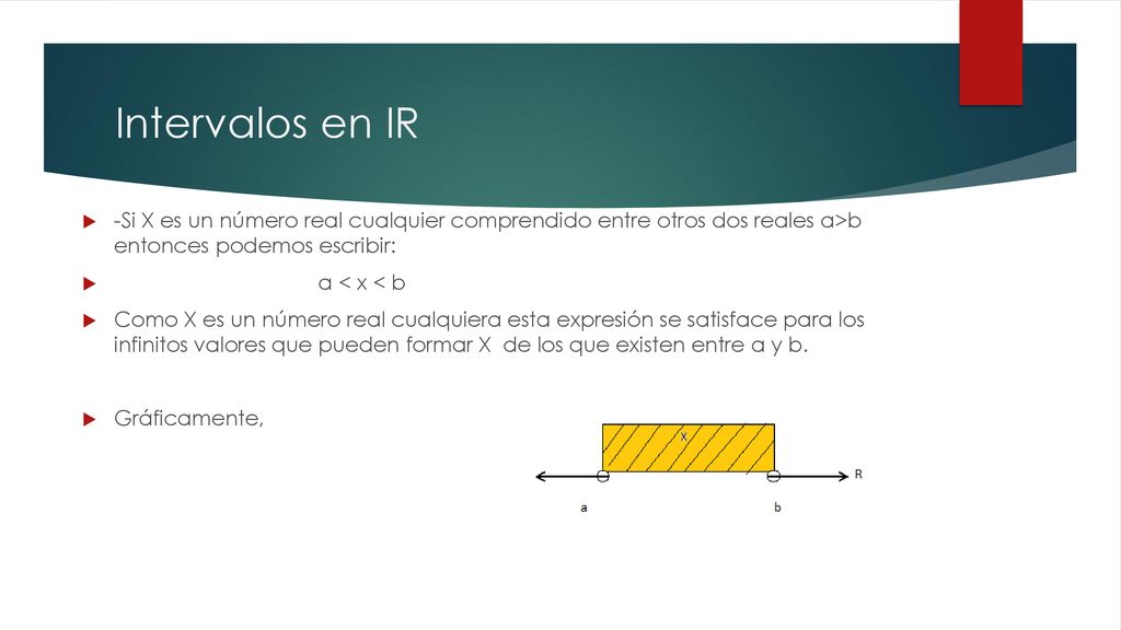 Intervalos en IR -Si X es un número real cualquier comprendido entre otros dos reales a>b entonces podemos escribir: