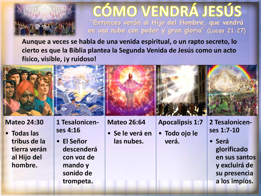 CÓMO VENDRÁ JESÚS Entonces verán al Hijo del Hombre, que vendrá en una nube con poder y gran gloria (Lucas 21:27)