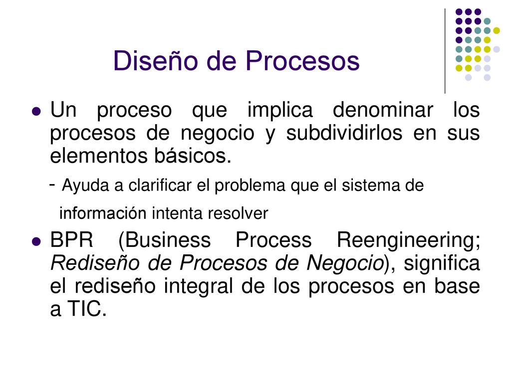 Diseño de Procesos Un proceso que implica denominar los procesos de negocio y subdividirlos en sus elementos básicos.