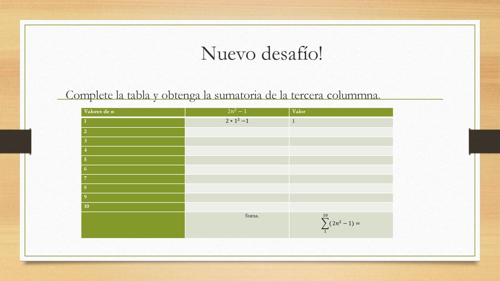 Nuevo desafío! Complete la tabla y obtenga la sumatoria de la tercera colummna. Valores de n. 2 𝑛 2 −1.
