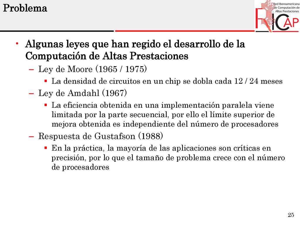 Problema Algunas leyes que han regido el desarrollo de la Computación de Altas Prestaciones. Ley de Moore (1965 / 1975)
