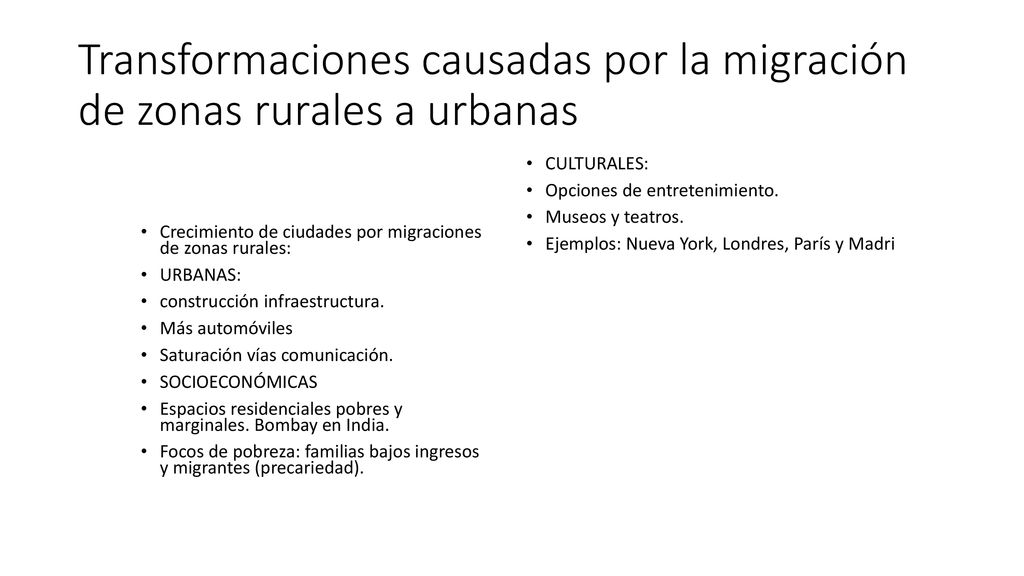 Transformaciones causadas por la migración de zonas rurales a urbanas