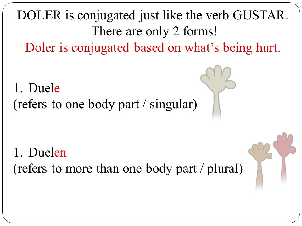 DOLER is conjugated just like the verb GUSTAR. There are only 2 forms!