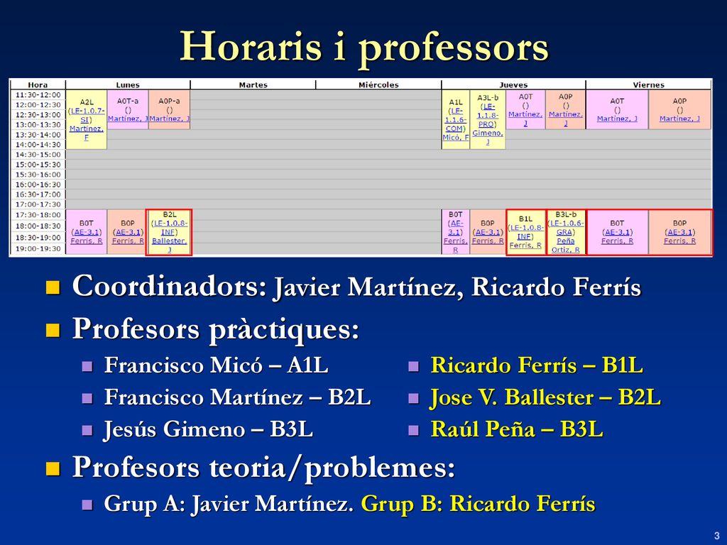 Horaris i professors Coordinadors: Javier Martínez, Ricardo Ferrís