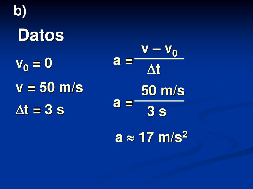 Datos b) v – v0 a = v0 = 0 t v = 50 m/s 50 m/s a = t = 3 s 3 s
