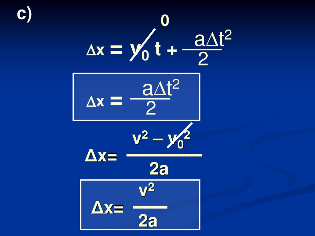c) x = v0 t + at2 2 x = at2 2 Δx= v2 – v02 2a Δx= v2 2a