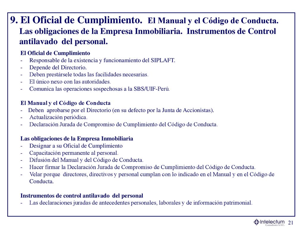9. El Oficial de Cumplimiento. El Manual y el Código de Conducta.