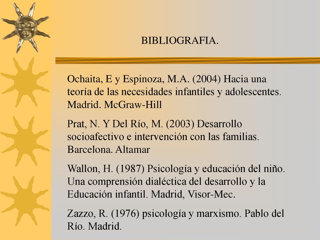 BIBLIOGRAFIA. Ochaita, E y Espinoza, M.A. (2004) Hacia una teoría de las necesidades infantiles y adolescentes. Madrid. McGraw-Hill.