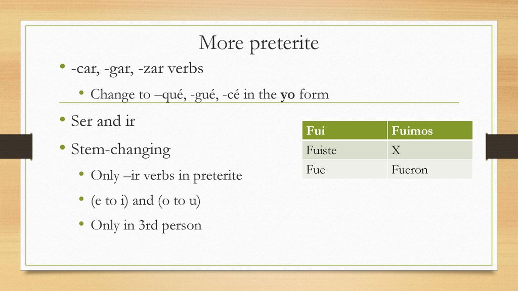 More preterite -car, -gar, -zar verbs Ser and ir Stem-changing