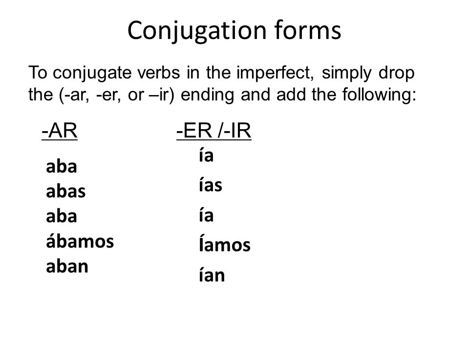 Conjugation forms -AR -ER /-IR ía ías Íamos ían
