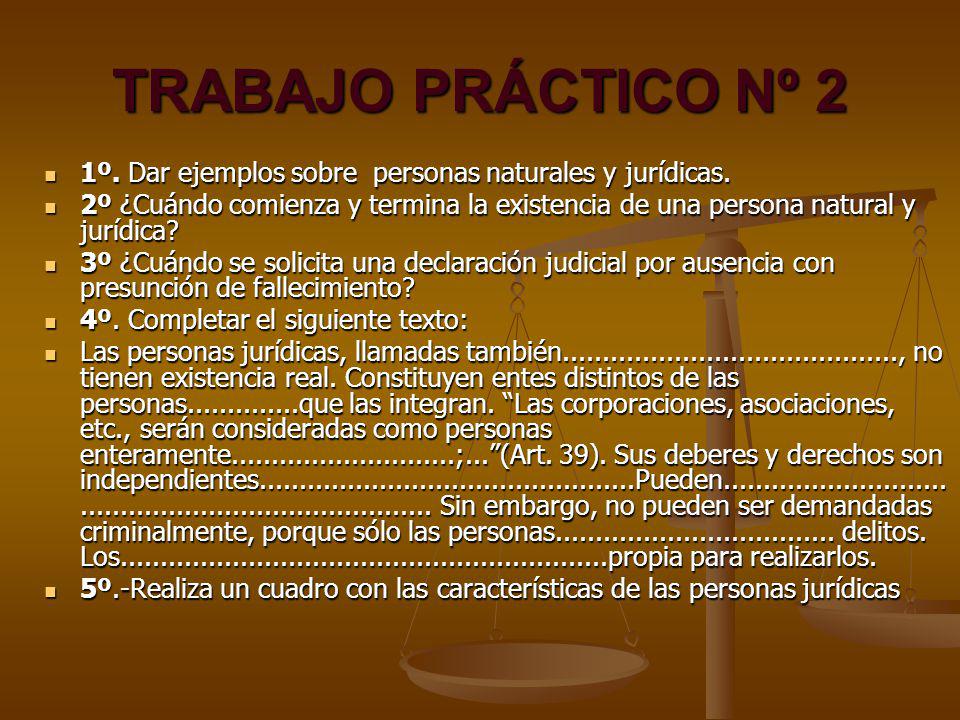 TRABAJO PRÁCTICO Nº 2 1º. Dar ejemplos sobre personas naturales y jurídicas.