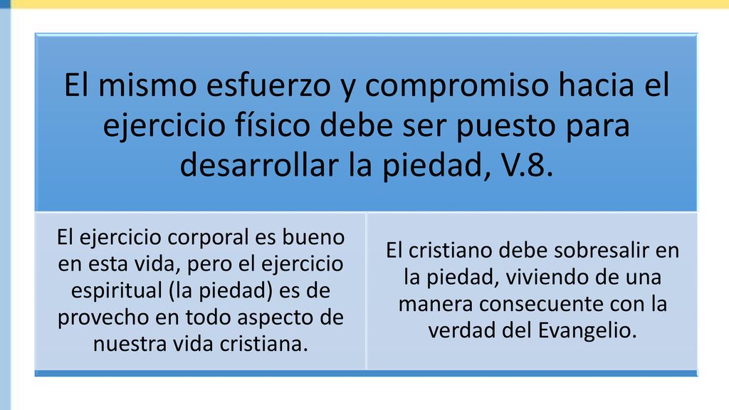 El mismo esfuerzo y compromiso hacia el ejercicio físico debe ser puesto para desarrollar la piedad, V.8.