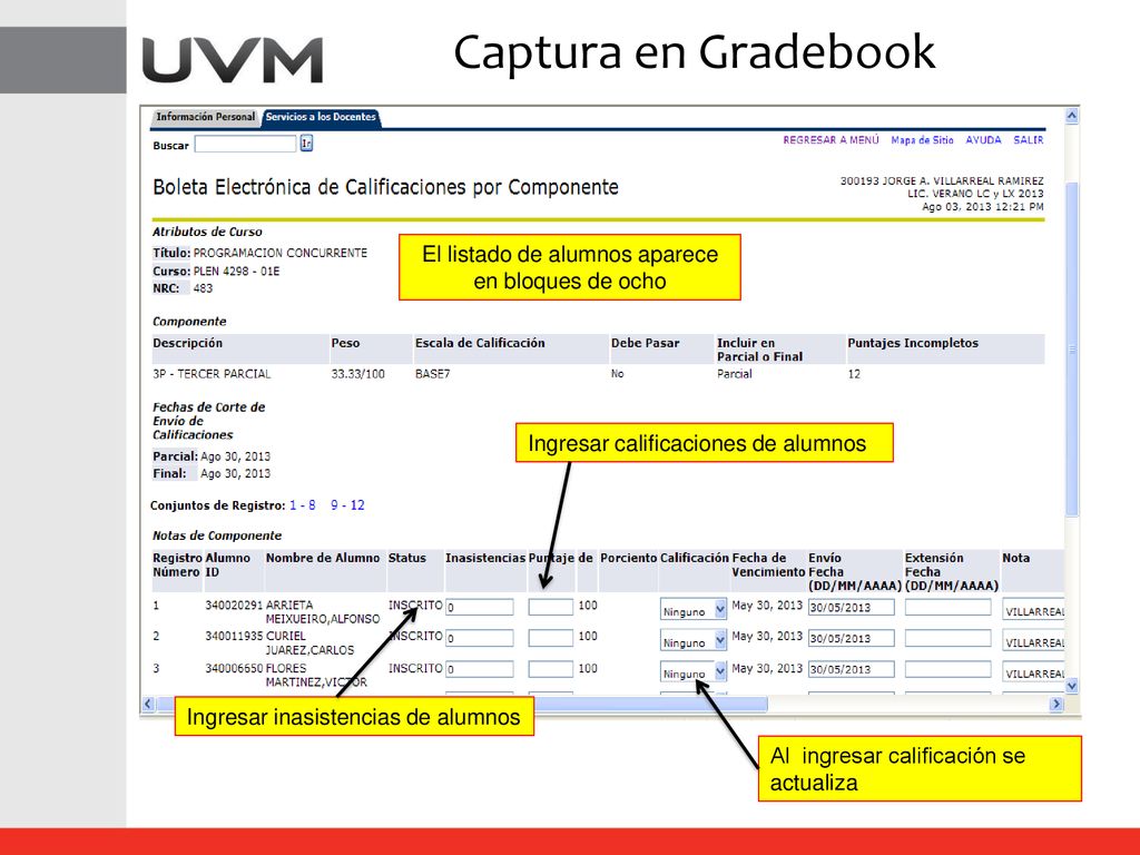 El listado de alumnos aparece en bloques de ocho