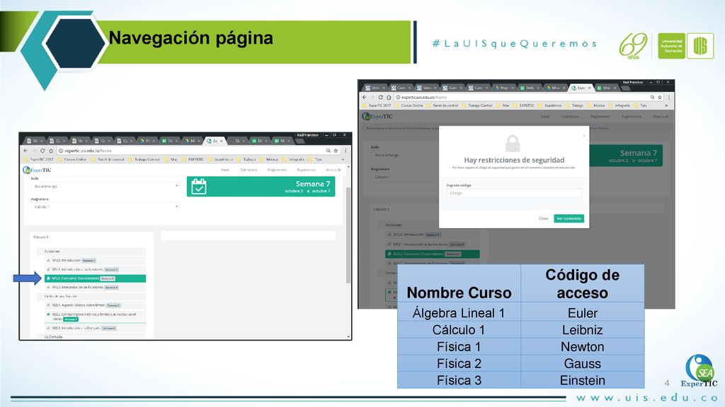 Navegación página Código de acceso Nombre Curso Álgebra Lineal 1 Euler