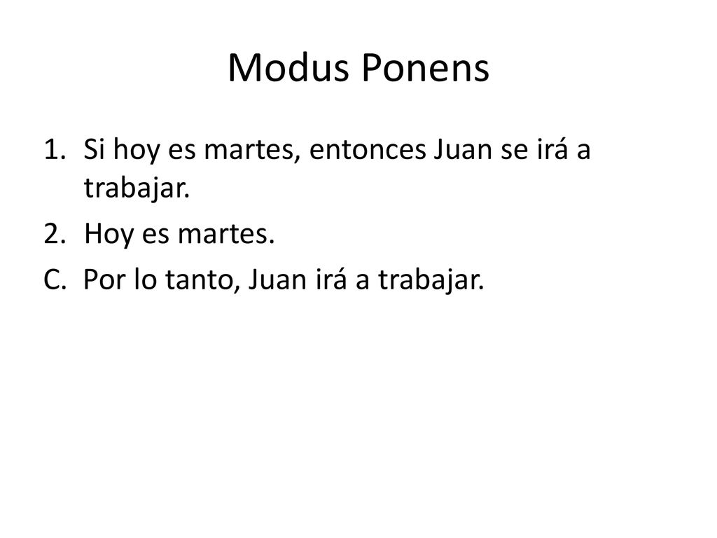 Modus Ponens Si hoy es martes, entonces Juan se irá a trabajar.