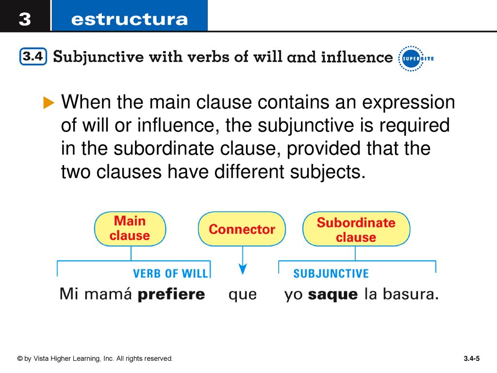 When the main clause contains an expression of will or influence, the subjunctive is required in the subordinate clause, provided that the two clauses have different subjects.