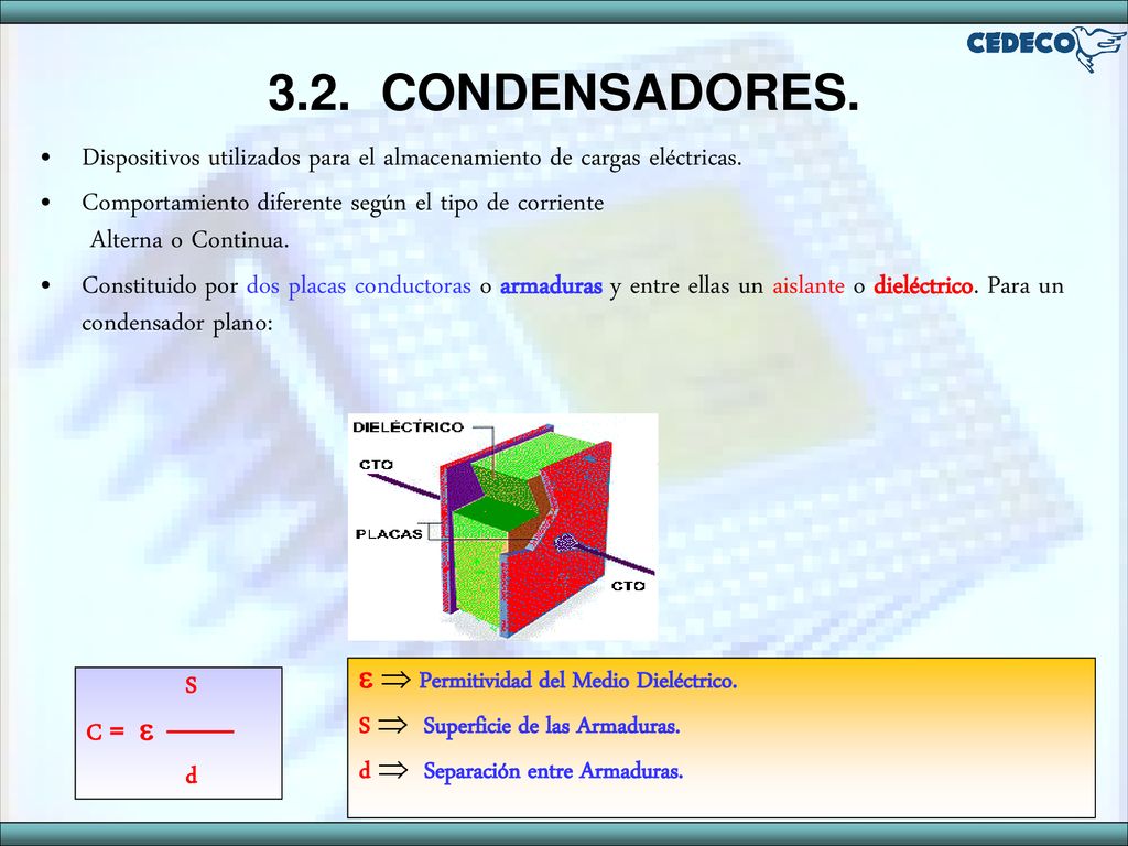 3.2. CONDENSADORES. Dispositivos utilizados para el almacenamiento de cargas eléctricas.