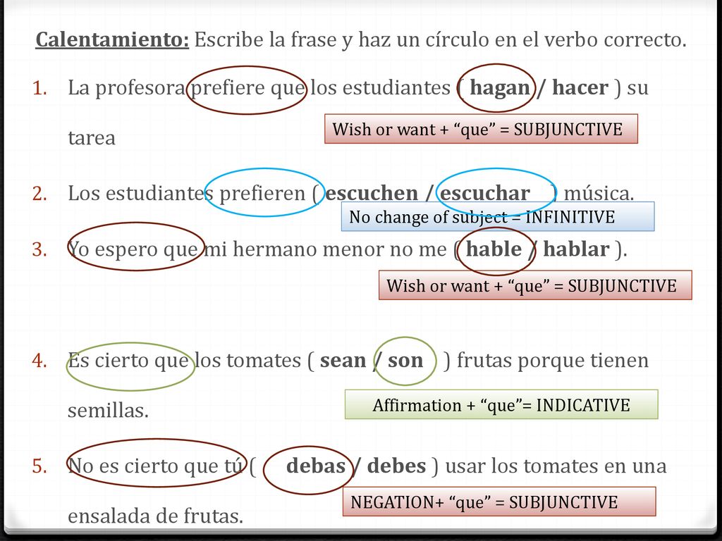 Calentamiento: Escribe la frase y haz un círculo en el verbo correcto.