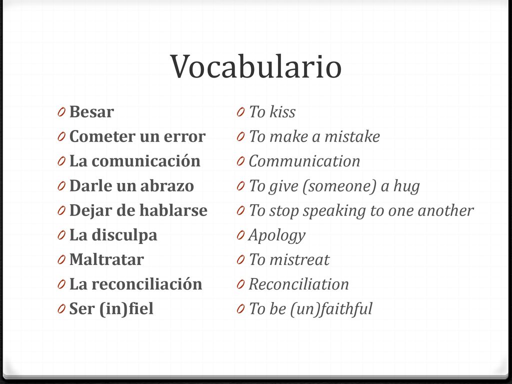 Vocabulario Besar Cometer un error La comunicación Darle un abrazo