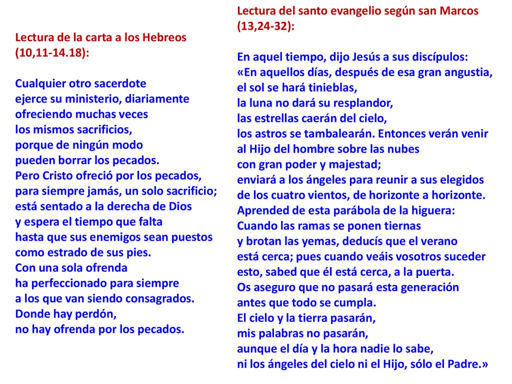 Lectura del santo evangelio según san Marcos (13,24-32): En aquel tiempo, dijo Jesús a sus discípulos: