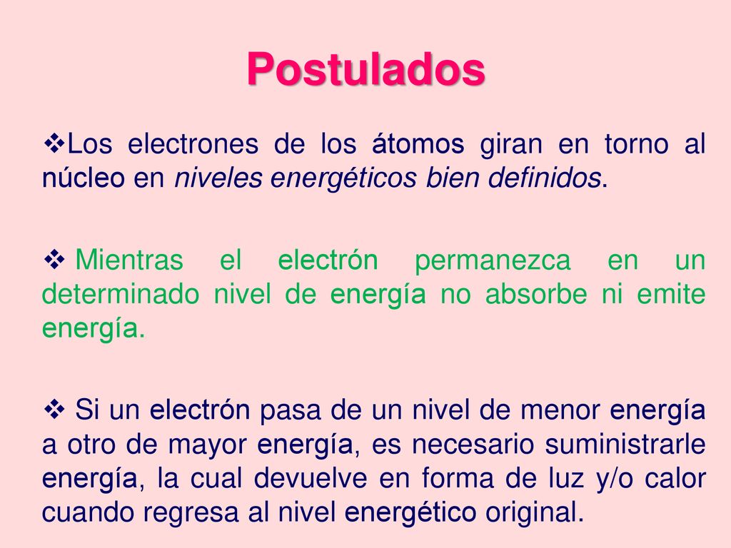 Postulados Los electrones de los átomos giran en torno al núcleo en niveles energéticos bien definidos.