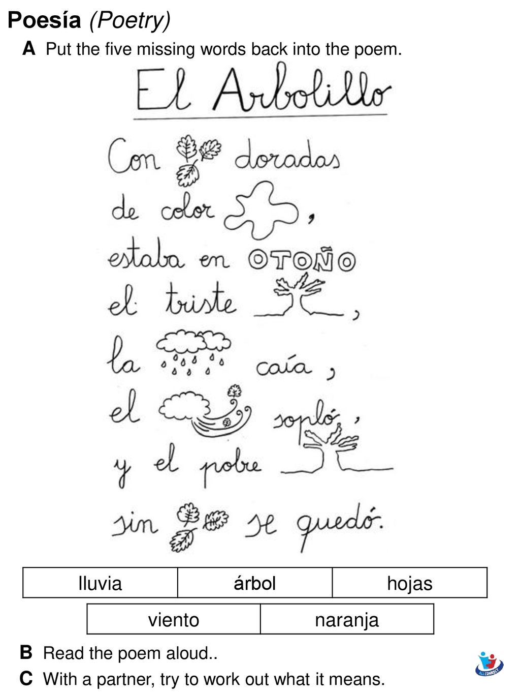 Poesía (Poetry) A Put the five missing words back into the poem.